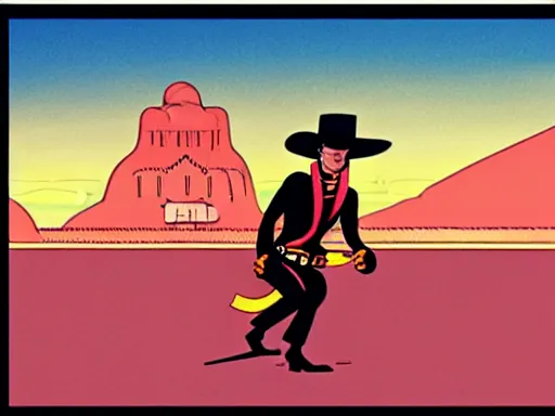 Image similar to an illustration of the Lone Ranger in the wild west town. flat colors, limited palette in FANTASTIC PLANET La planète sauvage animation by René Laloux