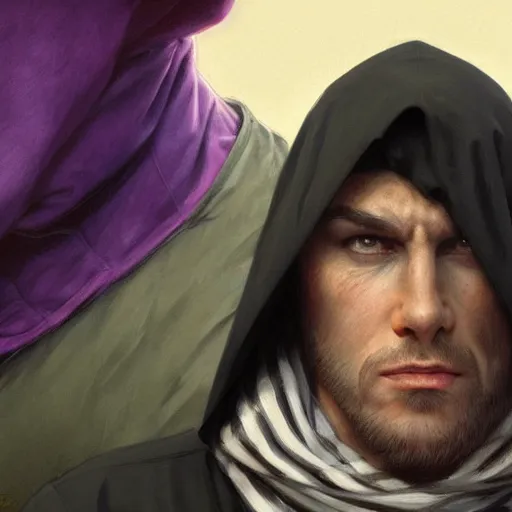 Image similar to ultra realistic illustration, man in a black hood, in a striped purple balaclava, mysterious, highly detailed, digital painting, artstation, concept art, smooth, sharp focus, illustration, art by artgerm and greg rutkowski and alphonse mucha