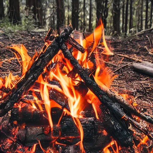 Prompt: closeup of a campfire in an ominous forest burning voodoo dolls, photography