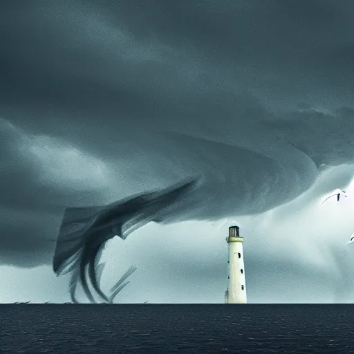 Image similar to a tornado!! made of seagulls, windy, cloudy, realistic reflections, cinematic lighting