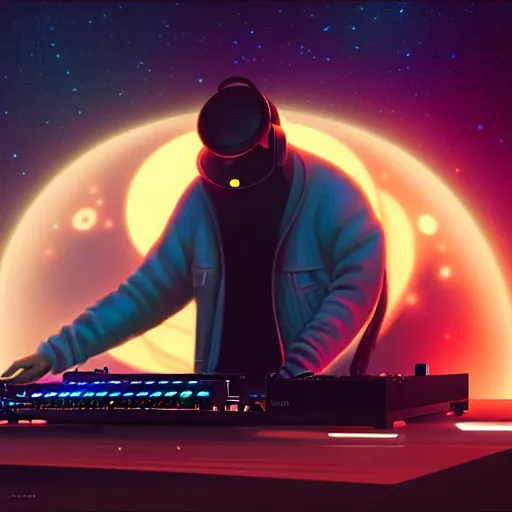 Image similar to A man djing at night under the stars, beautiful, digital art, artstation, hyperrealistic, 8k, unreal engine, octane render, trending on artstation, art by Artgerm and Greg Rutkowski and Alphonse Mucha and Beeple