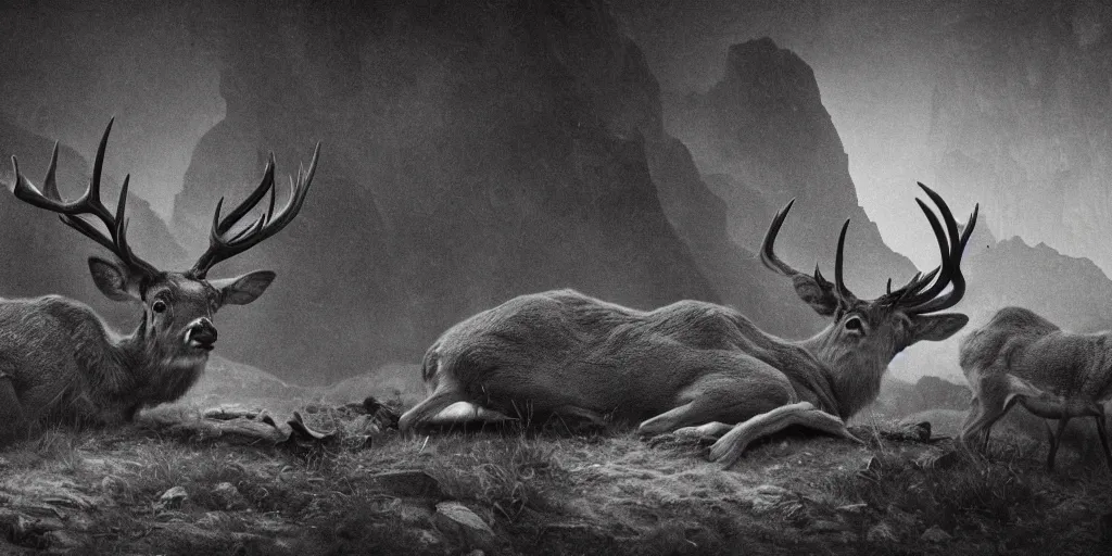 Image similar to rotting deer, dolomites, alpine, detailed intricate insanely detailed octane render, 8k artistic 1920s photography, photorealistic, black and white, chiaroscuro, hd, by David Cronenberg, Raphael, Caravaggio