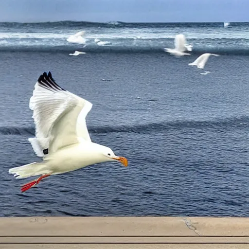 Prompt: a photo still of steven seagal as a seagull at the pier next to the ocean, anthropomorphized