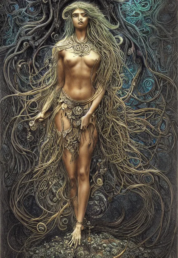 Image similar to full body front view of a beautiful biomechanical moon goddess, flowing hair, intense stare, sweet smile, concept art, intricate detail, volumetric shadows and lighting, psychedelic colors, realistic oil painting by gustave dore,