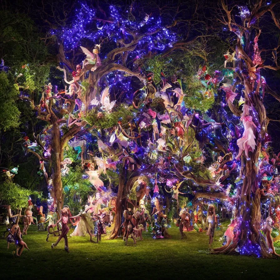 Image similar to photography award of a night carnival fairies around a magical tree, christmas lights, creatures and fantastic people disguised as fantastic creatures in a magical forest by summer night, masterpiece photography by gregory crewdson and john anster fitzgerald, volumetric lightning