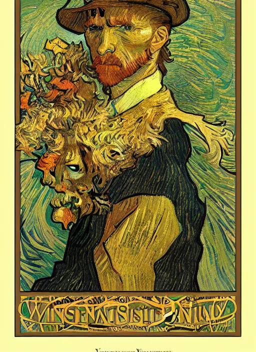 Prompt: Vincent van Gogh pastiche by Alphonse Mucha, artstation, cinematic, award winning, original modern artwork displayed on Singaporean skyscraper