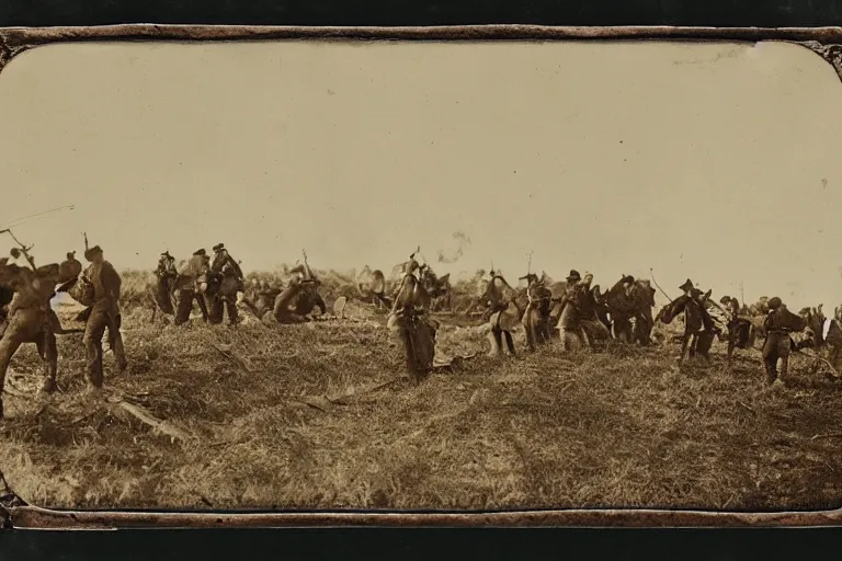 Prompt: american civil war trench battle, shots fired, explosions all around, wide shot, cinematic, tintype photograph