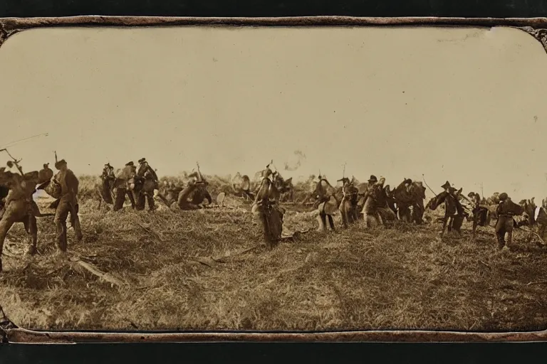 Image similar to american civil war trench battle, shots fired, explosions all around, wide shot, cinematic, tintype photograph