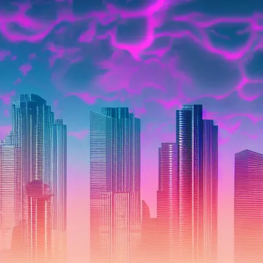 Prompt: Vaporwave Skyline, digital art, ultradetailed, moody, slick, trending on artstation, 4K high quality