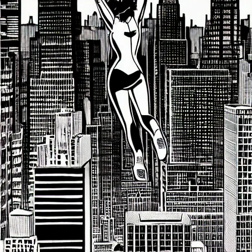 Image similar to a girl jumping among the buildings of the new york city in the night, top view, grayscale color scheme, comic book artstyle, by john romita