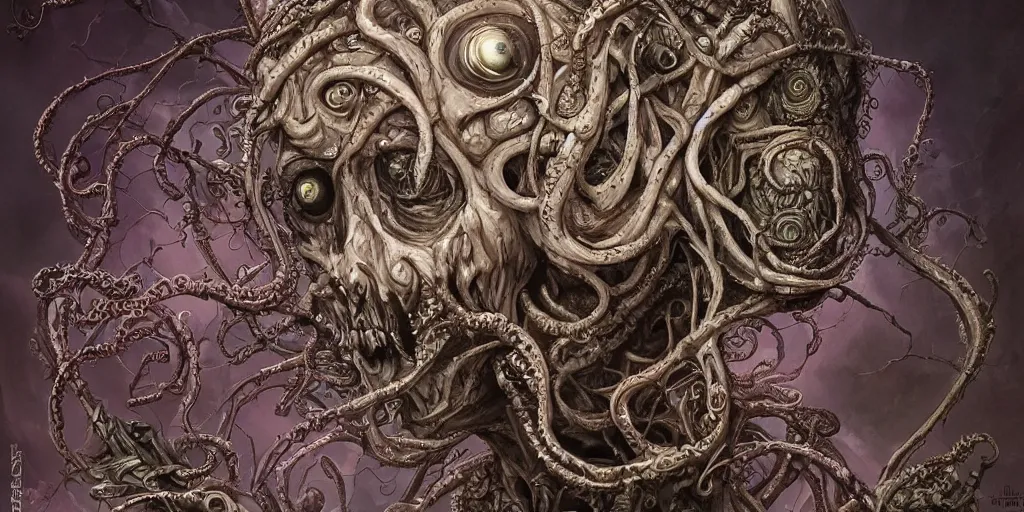 Image similar to centered horrifying detailed side view profile portrait of a insane, crazed, mad old bald zombie, ornate tentacles growing around, ornamentation, thorns, vines, tentacles, elegant, beautifully soft lit, full frame, 8 k by wayne barlowe, peter mohrbacher, kelly mckernan, h r giger