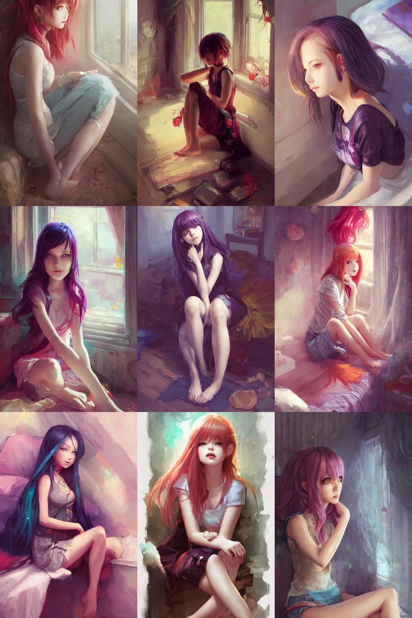 Prompt: a beautiful emo girl sitting in her bedroom | | cute - fine - subtle smile, colorful hair, face, pretty face, fine details by stanley artgerm lau, wlop, rossdraws, james jean, andrei riabovitchev, marc simonetti, and sakimichan, trending on artstation