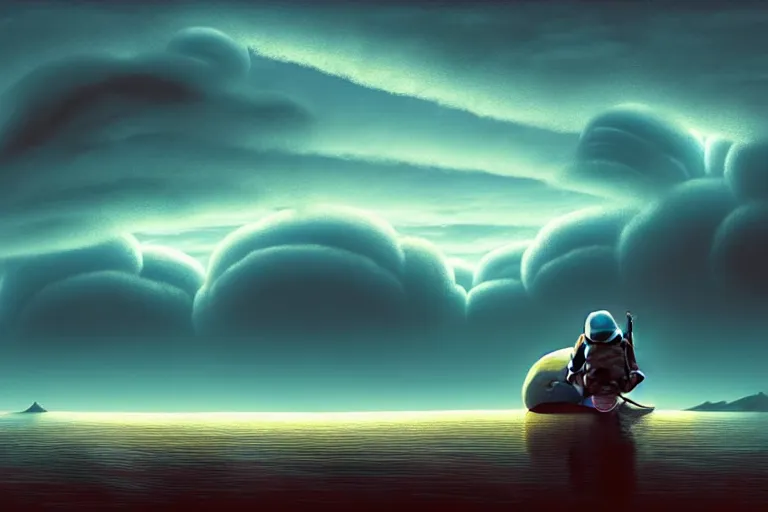 Prompt: Gediminas Pranckevicius an astronaut resting on a whale back watching eerie mammatus clouds on the sky, cinematic lighting, insanely detailed, intricate, artstation, cgsociety painted by Simon Stalenhag, concept art, illustration, sharp focus,