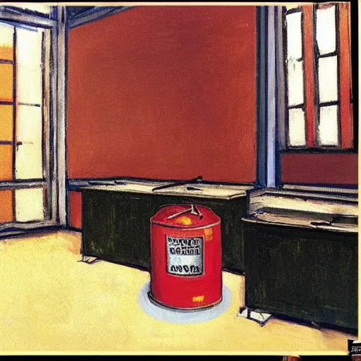 Prompt: petrol can in a burning school classroom on fire style of edward hopper. red gasoline can.