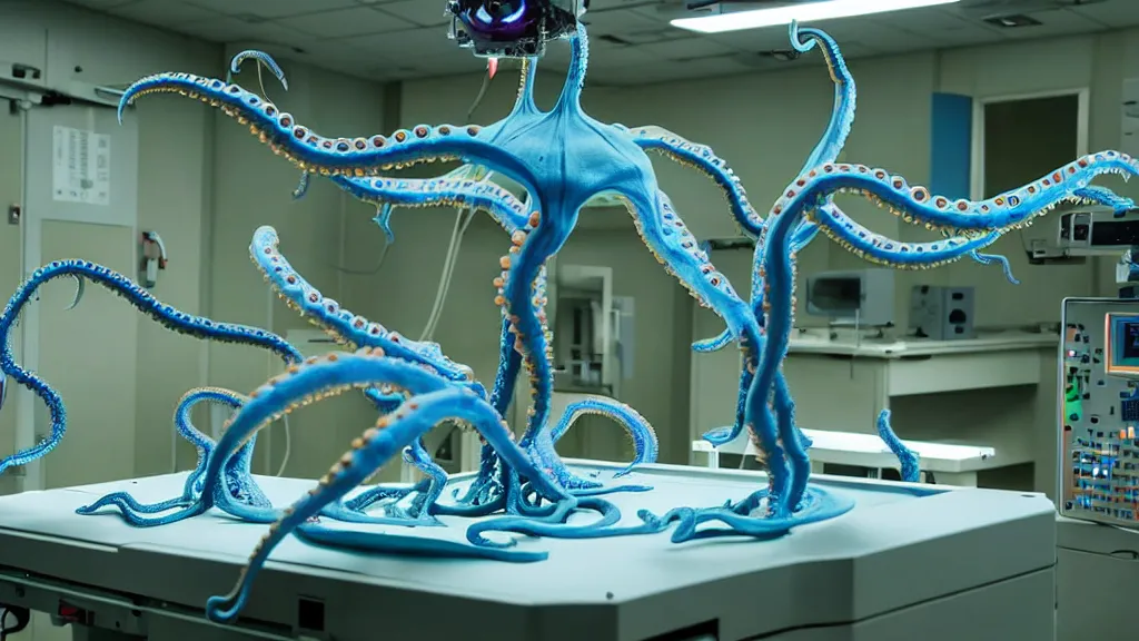 Prompt: a complex bifurcated surgical arm hack mri 3 d printer machine making colorful mutant octopus forms and control panels in the laboratory inspection room, film still from the movie directed by denis villeneuve with art direction by salvador dali, wide lens