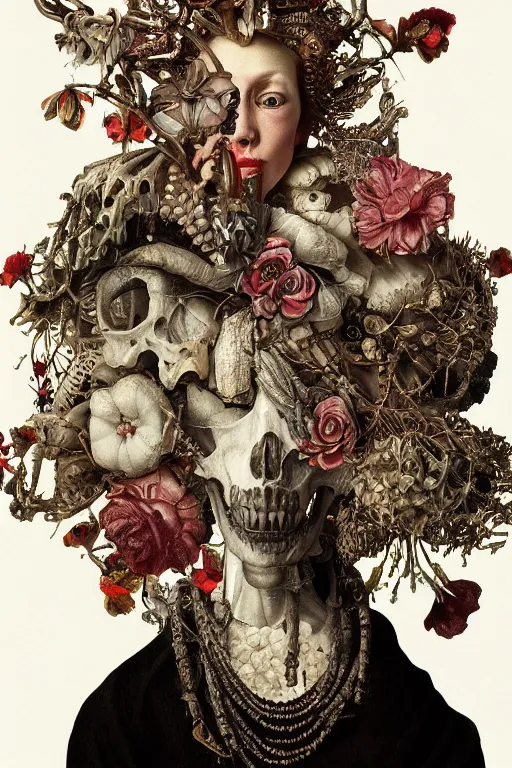 Image similar to Detailed maximalist portrait with large lips and with large white eyes, exasperated expression, botany bones, HD mixed media, 3D collage, highly detailed and intricate, surreal illustration in the style of Caravaggio, dark art, baroque