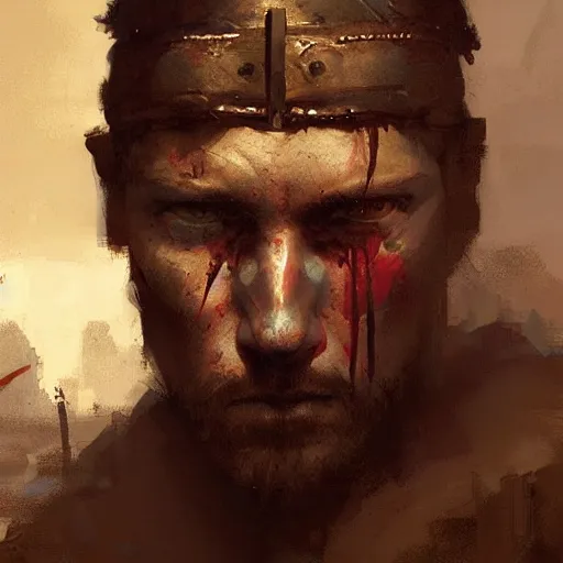 Image similar to Portrait painting of a warrior by greg rutkowski and Craig Mullins, Dark atmospheric and cinematic lighting