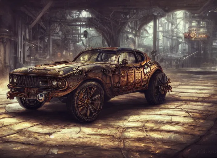 Image similar to detailed concept art illustration oil painting of a steampunk muscle car in full intricate detail, ultra detailed, digital art, octane render, 4K, dystopian, micro details