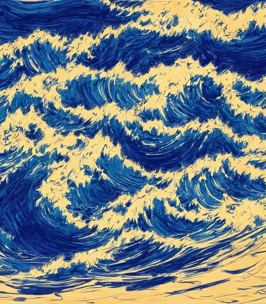 Image similar to a beautiful artwork of a perfect set of waves!, lineart, rough charcoal sketch, blue colored highlights, golden sunset, dark waves