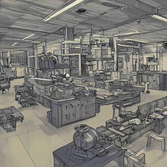 Prompt: highly detailed weapons laboratory, with research, robot arms, tables, parts, windows. Extremely detailed digital art.