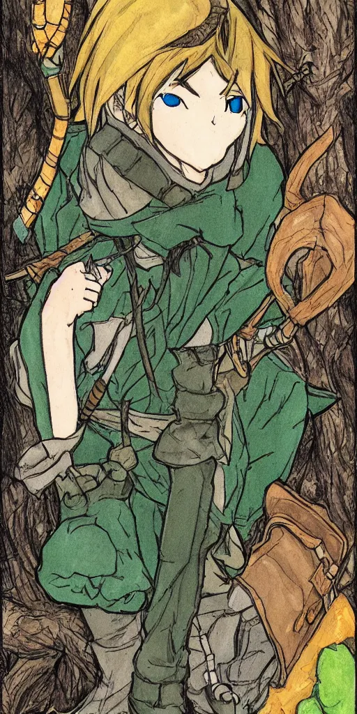 Image similar to an wood elf boy getting ready for an high fantasy adventure on the mountain side, anime style, tarot card, Tarot card the fool, fine line work, colorful,