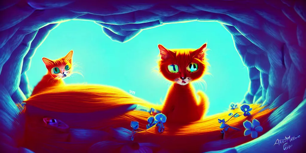 Image similar to curved perspective, extreme narrow, extreme fisheye, digital art of a big blue eyes female cat with ginger hairstyle with blue flower in her hair by anton fadeev from nightmare before christmas