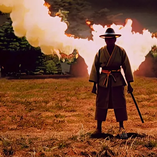 Image similar to cinematic film still Pharrell Williams starring as a Samurai holding fire, Japanese CGI, VFX, 2003, 40mm lens, shallow depth of field,film photography