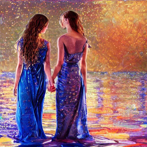 Prompt: an oil painting of two women under water holding hands, photo realistic, intricate details, flowing dresses and hair, volumetric lighting, Jennifer packer style