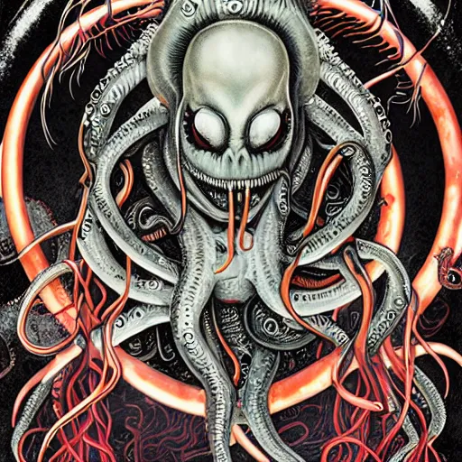 Image similar to scorn giger venom alien doom zdislaw bekinski horror hell alien tentacles satan fire flame octopus, beautiful underwater redhead ballerina portrait as a belly dancer, pixar style, by tristan eaton stanley artgerm and tom bagshaw.