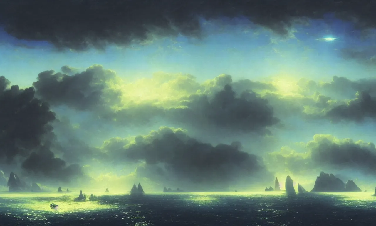 Prompt: beautiful cinematic view of an alien azure ocean under a blue sky on an alien world, by John Harris, Federico Pelat, Ivan Aivazovsky, Matte Painting, 4k,