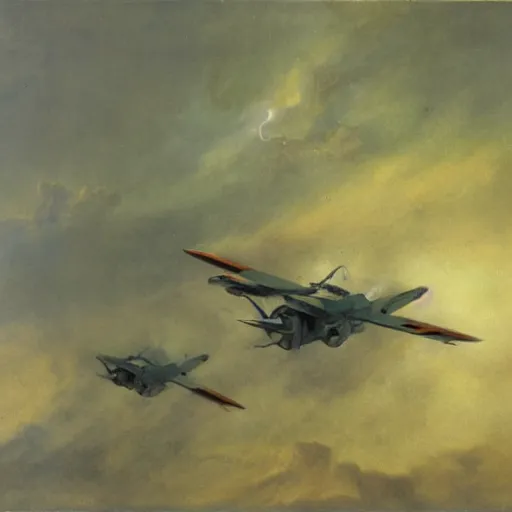 Image similar to flying machines at war, odd lighting matte oil painting by di fate and alan lee and goya