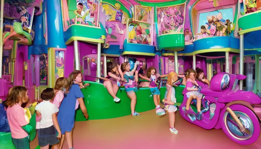 Image similar to 1990s photo of inside the Polly Pocket ride at Universal Studios in Orlando, Florida, children riding through a life size Polly Pocket , cinematic, UHD