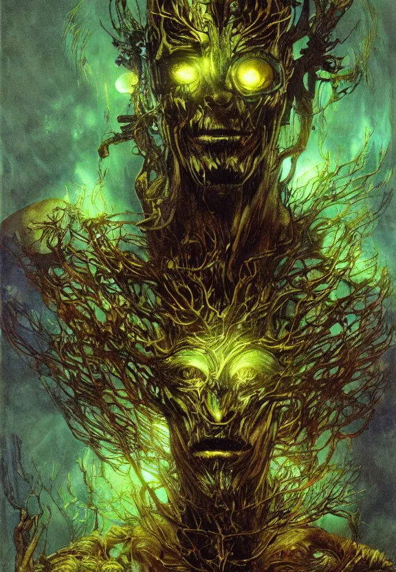 Image similar to ( underwater ) middle length portrait of a glowing cyborg leshy, cinematic light, looking to the side off camera, backlight glow, green gold, mist, by mikhail vrubel, by philippe druillet, by peter elson, by gerald brom, muted colors, extreme detail, trending on artstation, 8 k