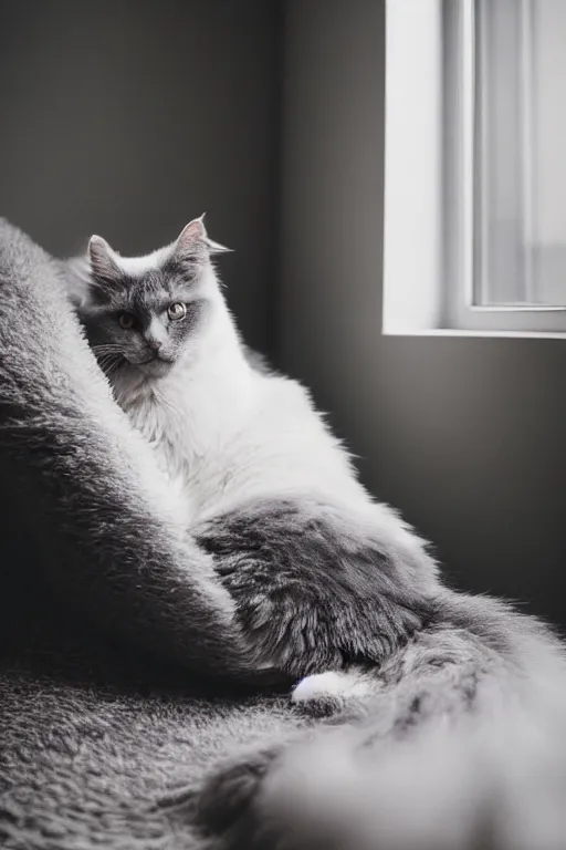 Image similar to “ fluffy grey cat lying on cat bed turning head to look out the window, lying on cat tree, cozy living room, warm, cotton, dramatic lighting, extremely high quality, leica m - a, lux 3 5 fle, portra 8 0 0 ”