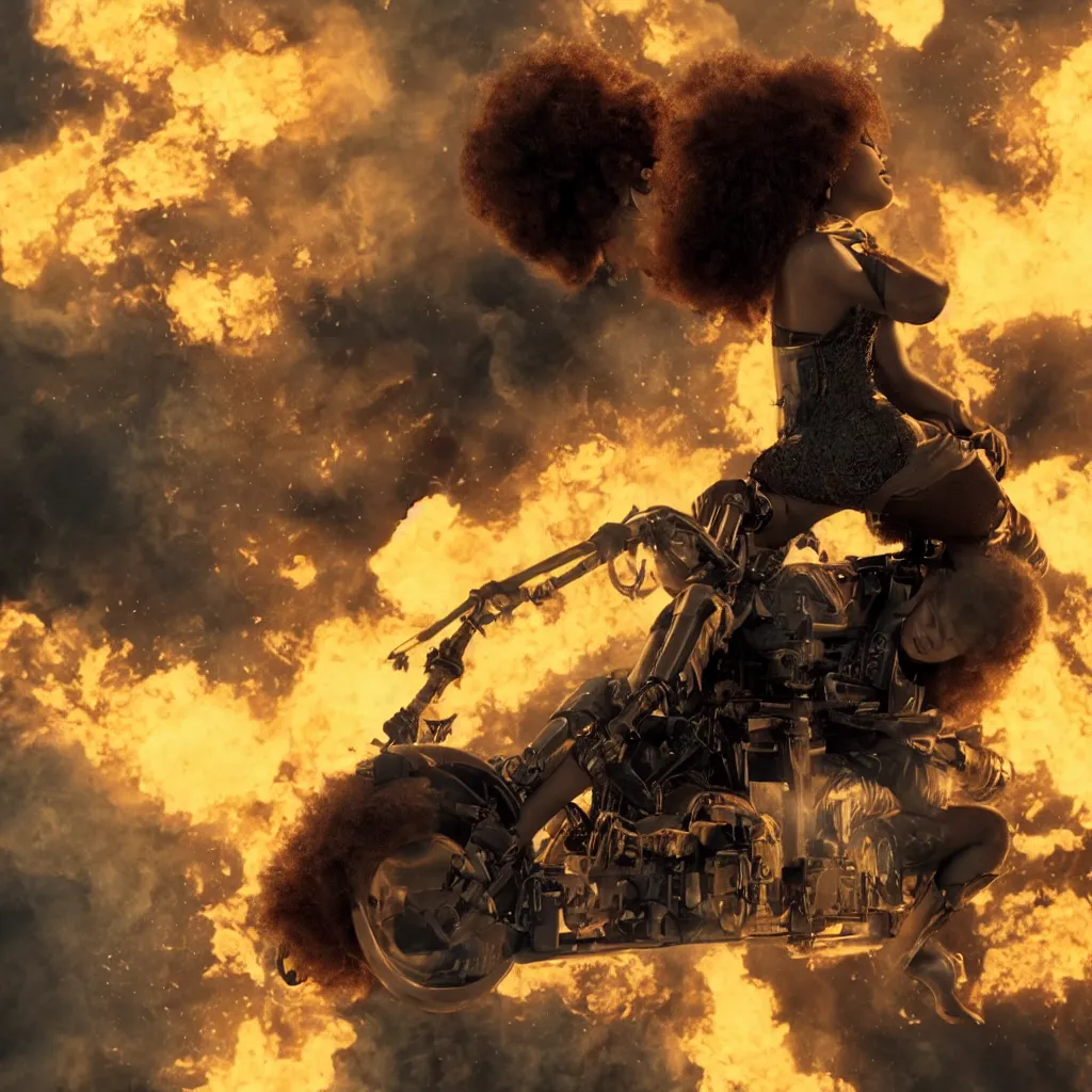 Image similar to beyonce with a afro hair style riding a hellfire missile, cinematic framing, cinematic lighting, hdr, gritty, movie still, 4k, 70s psychedelic style