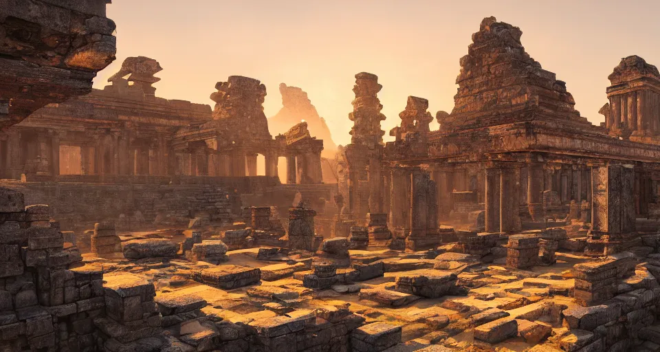 Image similar to Ancient temple ruins, hyperdetailed, artstation, cgsociety, golden hour 8k