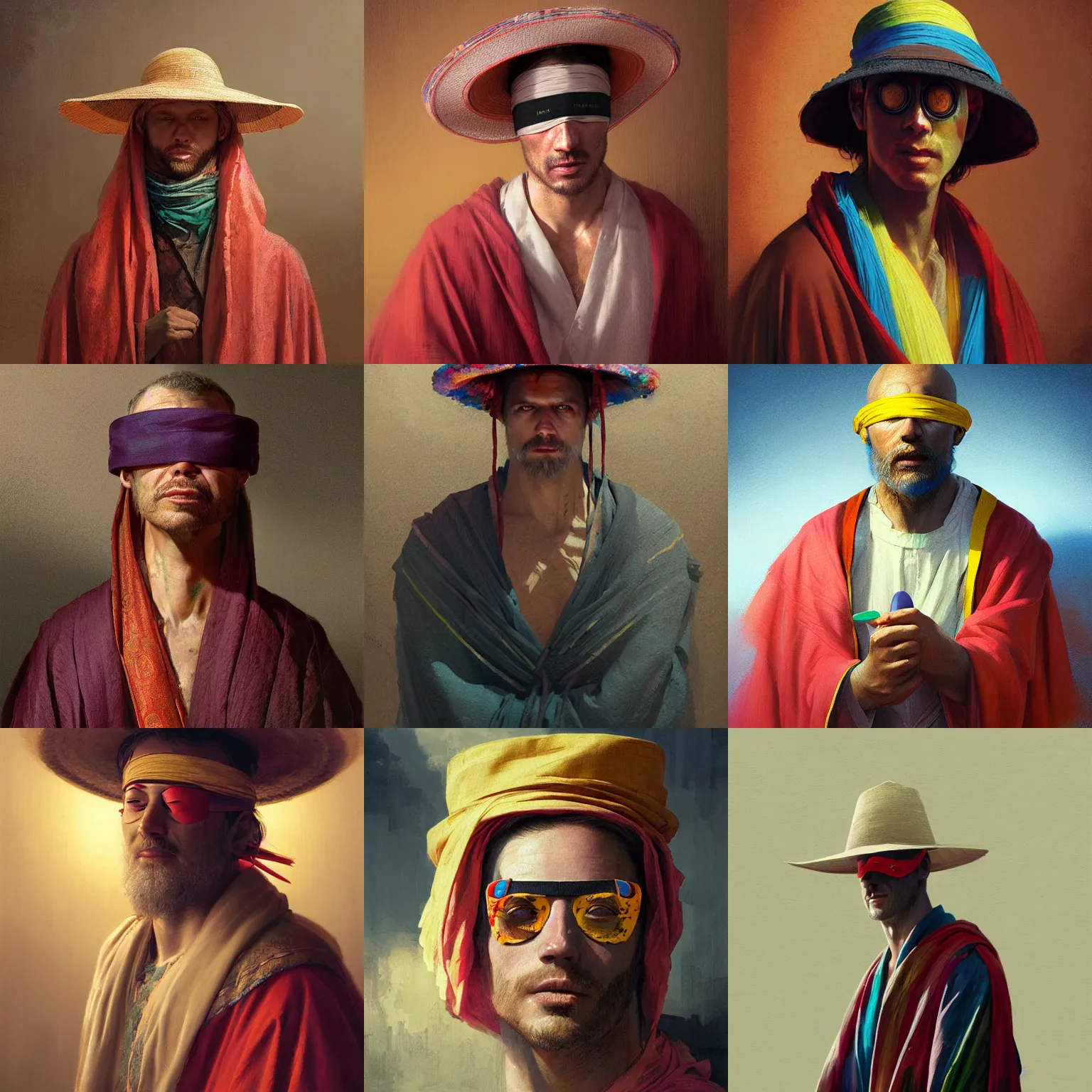 Image similar to portrait of a blindfolded man in multicolored robes, a large straw hat, detailed face, highly detailed, cinematic lighting, digital art painting by greg rutkowski