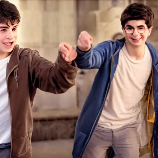 Image similar to harry potter and percy jackson playing rock paper scissors, cinematic still, high quality, high definition, 4 k