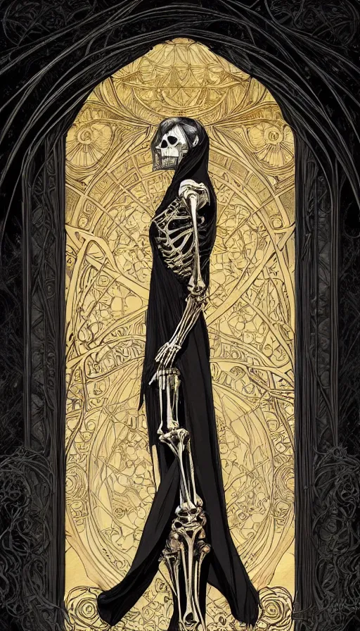 Image similar to a skeleton in a black cloak, highly detailed, very intricate, art nouveau, gold filigree, left right symmetry, tarot concept art watercolor illustration by mandy jurgens and alphonse mucha and alena aenami, featured on artstation