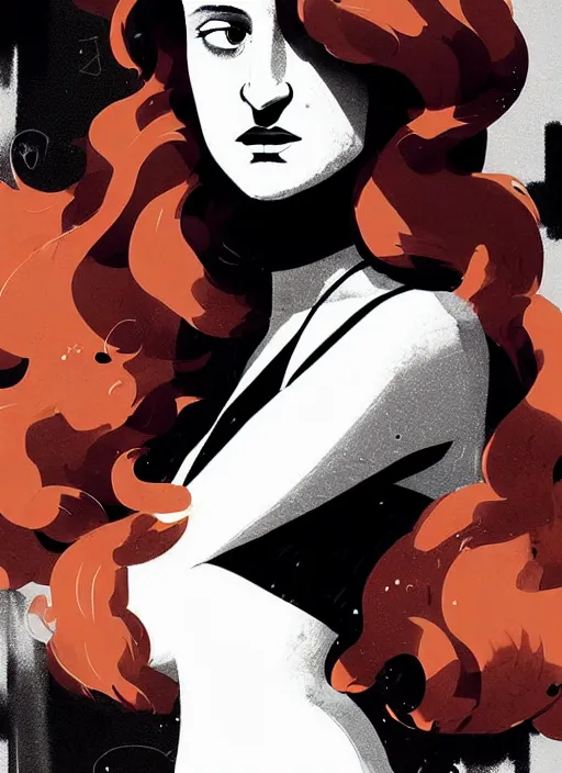 Image similar to highly detailed closeup portrait of beautiful grace gummer as dom dipierro, wavy ginger hair, black dress, by atey ghailan, by greg rutkowski, by greg tocchini, by james gilleard, by joe fenton, by kaethe butcher, gradient orange, black and white color scheme, grunge aesthetic!!! ( ( graffiti tag wall background ) )