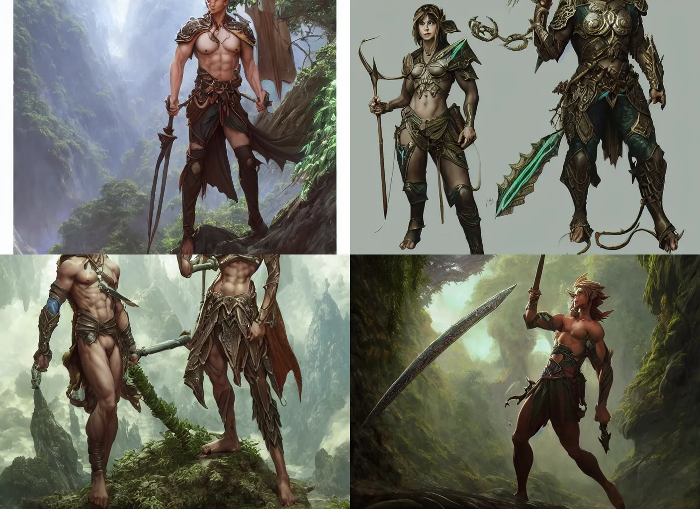 Prompt: ''Artstation concept of a male elf adventurer holding a staff, musculous, high body detail, leather armour, Rainforest background, cgsociety, by Makoto Shinkai, by Gustave Doré, by Marco Turini, by Artgerm, Deviantart in the style of Tom Bagshaw, Cedric Peyranavernay, Peter Mohrbacher''