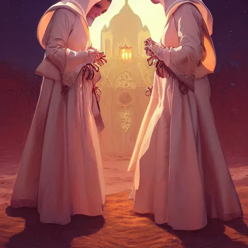 Prompt: two beautiful identical nuns under night sky, intricate, elegant, highly detailed, digital painting, artstation, concept art, smooth, sharp focus, illustration, art by artgerm and greg rutkowski and alphonse mucha