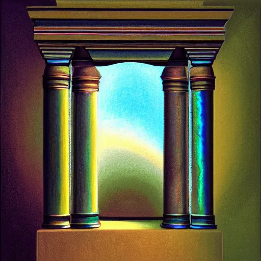 Prompt: still life painting of a room with a balcony and a pedestal displaying an ancient holy artifact, shaped like torus ring, chromed and ornate with gentle iridescent shine from within. the ring lays on top of a pedestal. perspective from the side. realistic light and shadows. moody fantasy art, still life renaissance pastel painting. close up