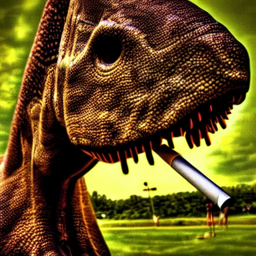 Image similar to dinosaur smoking a cigarette in their mouth realistic hdr professional shot