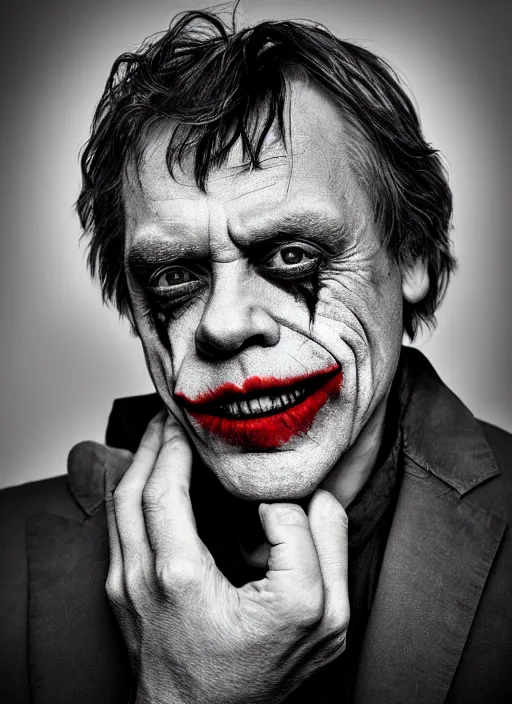 Prompt: photo of Mark Hamill as the Joker by Lee Jeffries and Eolo Perfido, bigsmile, detailed, award winning, Sony a7R