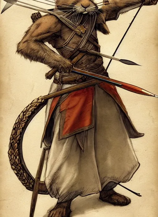 Image similar to a heroic rabbit archer with bow and arrow on a parchment background, redwall, greg rutowski and jean baptiste monge, detailed, epic fantasy concept art