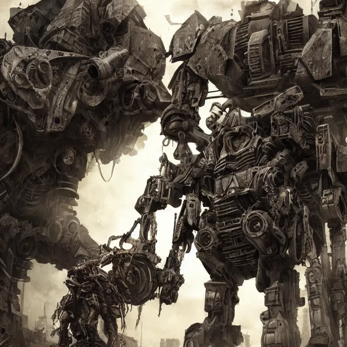 Image similar to gritty apocalyptic scene of human standing next to mech - warrior, hyper - detailed, sharp focus, 4 k ultra hd, fantasy dark art, apocalyptic art