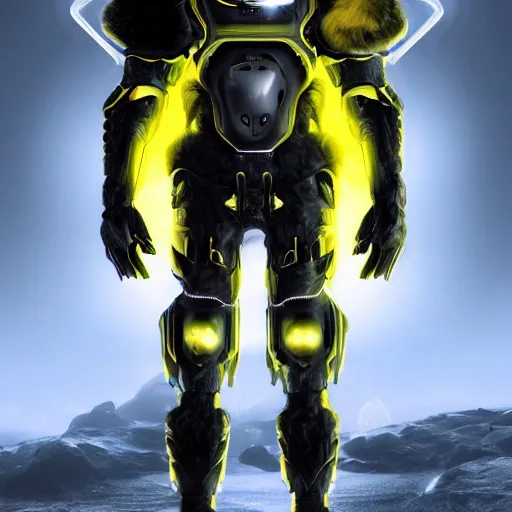 Image similar to humanoid with lion features in futuristic space armor with force fields, yellow eyes, teeth that protrude past the lower lip and fine grayish fur on their faces and backs of their hands and carrying weapons, octane,