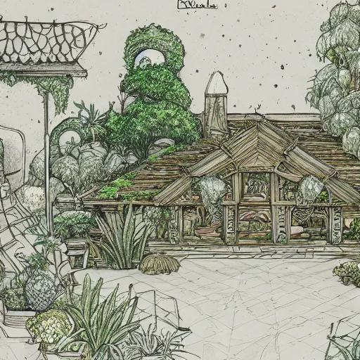 Prompt: annotated highly, detailed and intricate, sketch of a lodge full of green plants, marker concept art style rendering, concept art, half blueprint, trending on artstation, intricate details, center frame, annotations