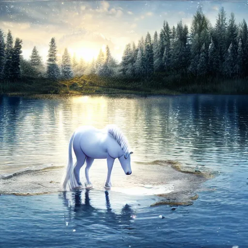 Prompt: a photograph of a white unicorn drinking from a lake. the moon shines on the unicorn. beautiful artstation, incredibly realistic, high quality, 8 k, hdr, incredibly detailed.